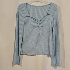 SHEIN Sky Blue Ribbed Blouse